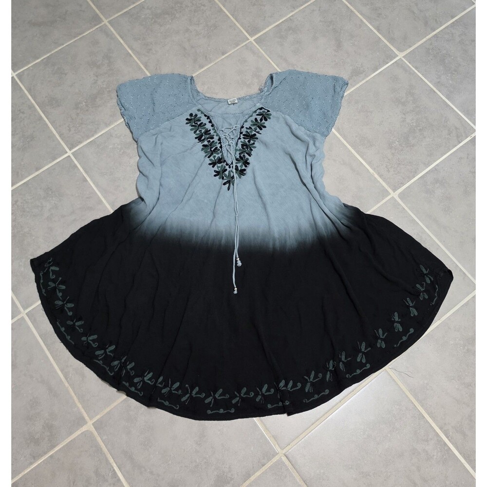 Seven Islands  Boho umbrella Dress Size 2X blue black ombre Lace-Up Embroidered